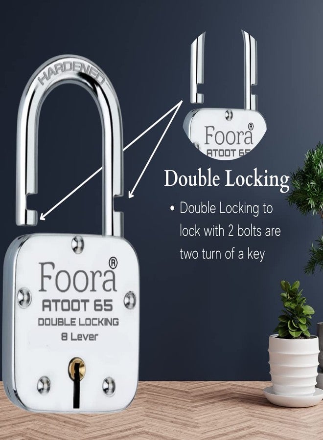 Foora New Atoot 65mm Lock | Metal Body | Double Locking | Hardened Shackle | 8 Steel Lever | 5 Silver Keys with Keychain | Silver Finsih | Pack of 2 | Made in India | Export in USA | Canada - Image 4